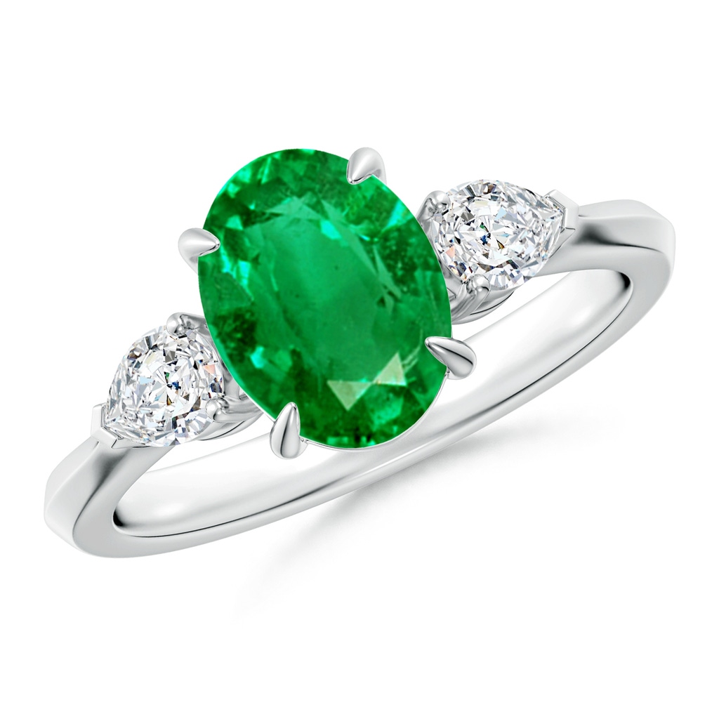 9x7mm AAA Oval Emerald and Pear Diamond Three Stone Engagement Ring in White Gold