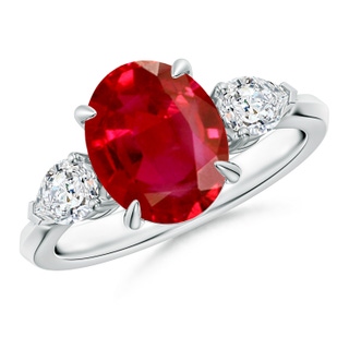 10x8mm AAA Oval Ruby and Pear Diamond Three Stone Engagement Ring in P950 Platinum