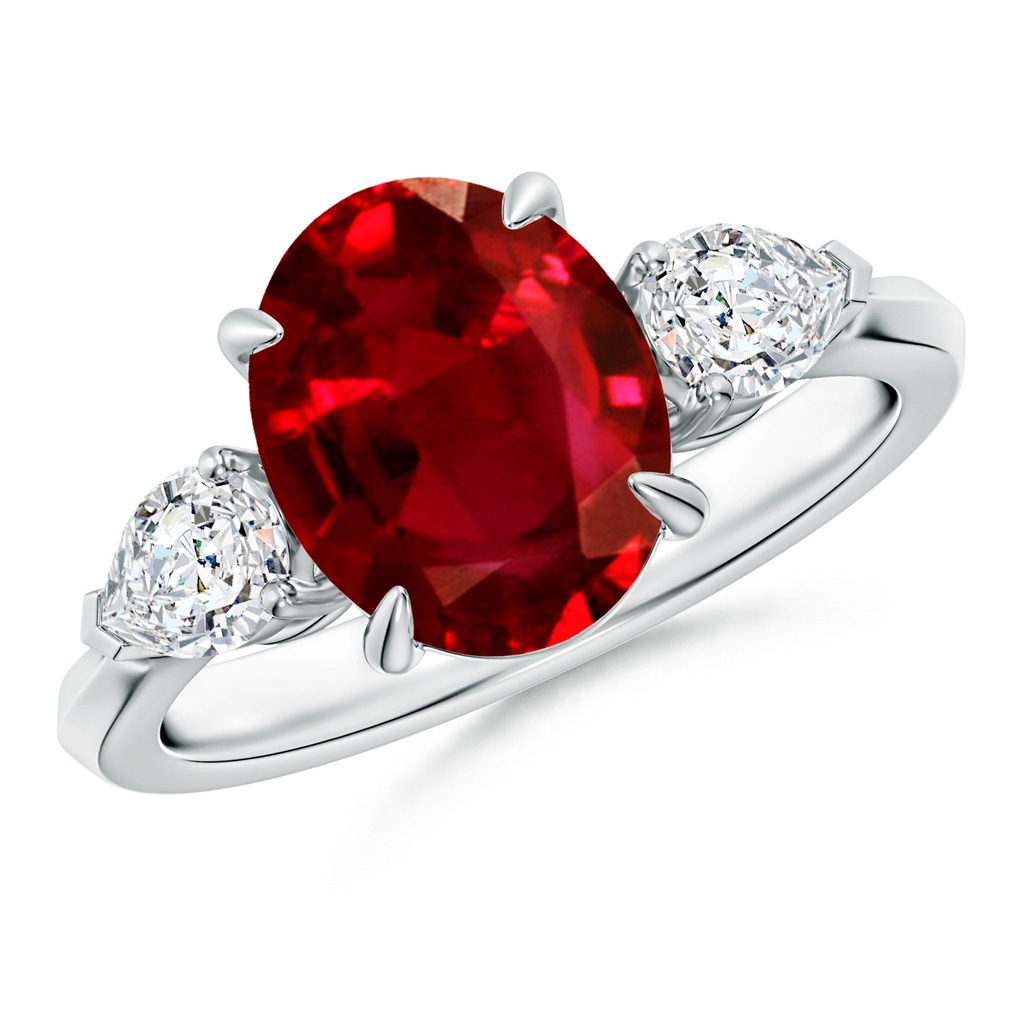 10x8mm AAAA Oval Ruby and Pear Diamond Three Stone Engagement Ring in P950 Platinum