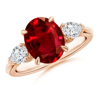 10x8mm AAAA Oval Ruby and Pear Diamond Three Stone Engagement Ring in Rose Gold