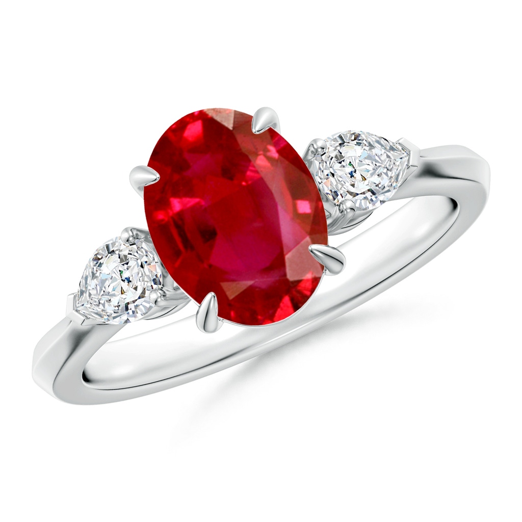 9x7mm AAA Oval Ruby and Pear Diamond Three Stone Engagement Ring in White Gold