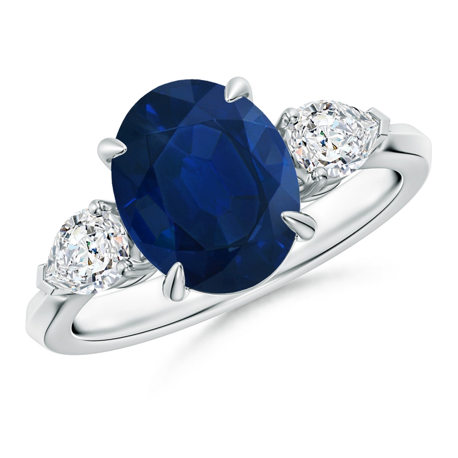 10x8mm AA Oval Blue Sapphire and Pear Diamond Three Stone Engagement Ring in P950 Platinum 