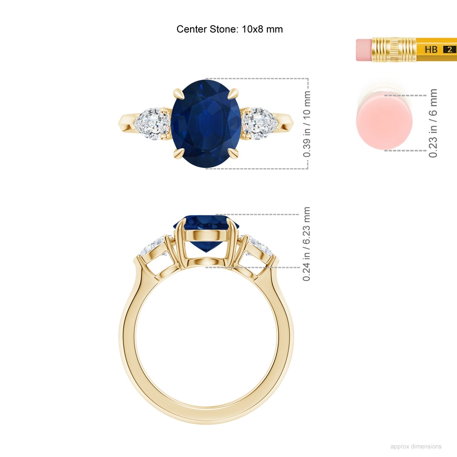 10x8mm AA Oval Blue Sapphire and Pear Diamond Three Stone Engagement Ring in Yellow Gold ruler