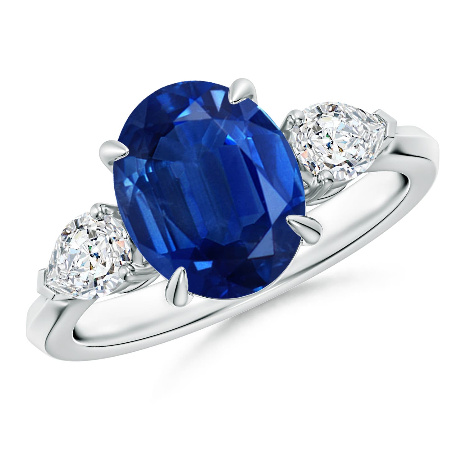 10x8mm AAA Oval Blue Sapphire and Pear Diamond Three Stone Engagement Ring in 18CT White Gold