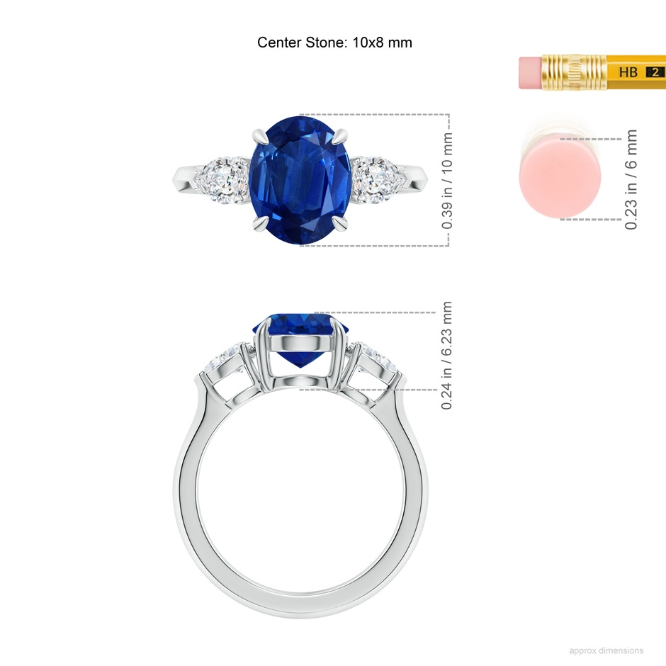 10x8mm AAA Oval Blue Sapphire and Pear Diamond Three Stone Engagement Ring in P950 Platinum ruler