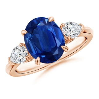 10x8mm AAA Oval Blue Sapphire and Pear Diamond Three Stone Engagement Ring in Rose Gold