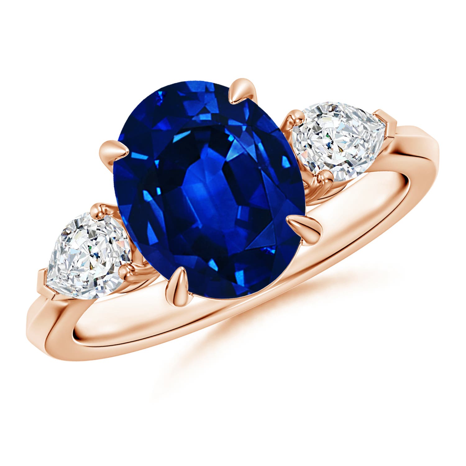 10x8mm AAAA Oval Blue Sapphire and Pear Diamond Three Stone Engagement Ring in 18CT Rose Gold