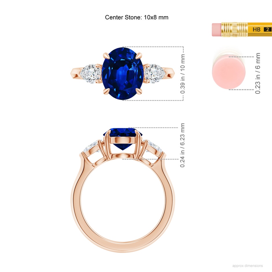 10x8mm AAAA Oval Blue Sapphire and Pear Diamond Three Stone Engagement Ring in 18K Rose Gold ruler