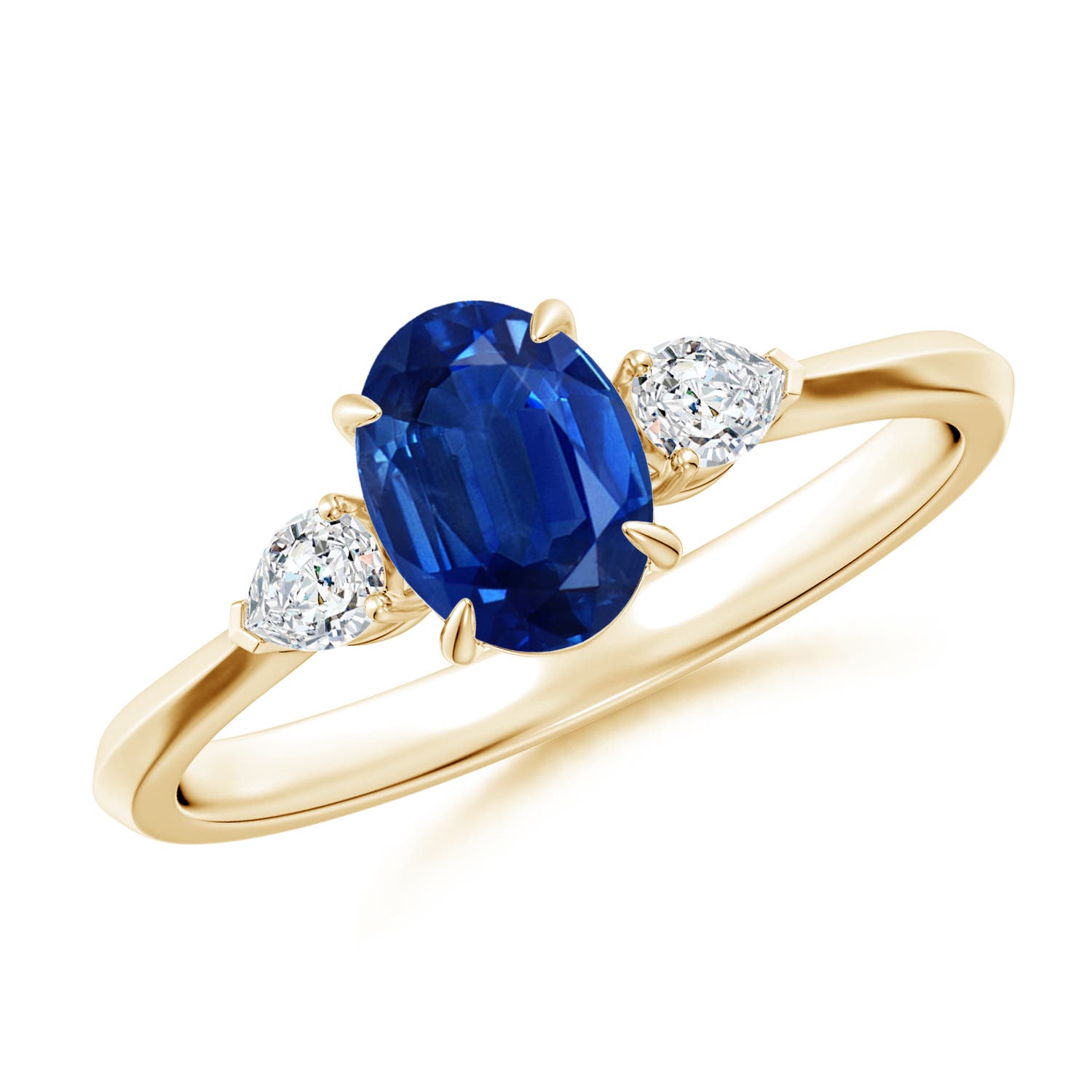 7x5mm AAA Oval Blue Sapphire and Pear Diamond Three Stone Engagement Ring in Yellow Gold