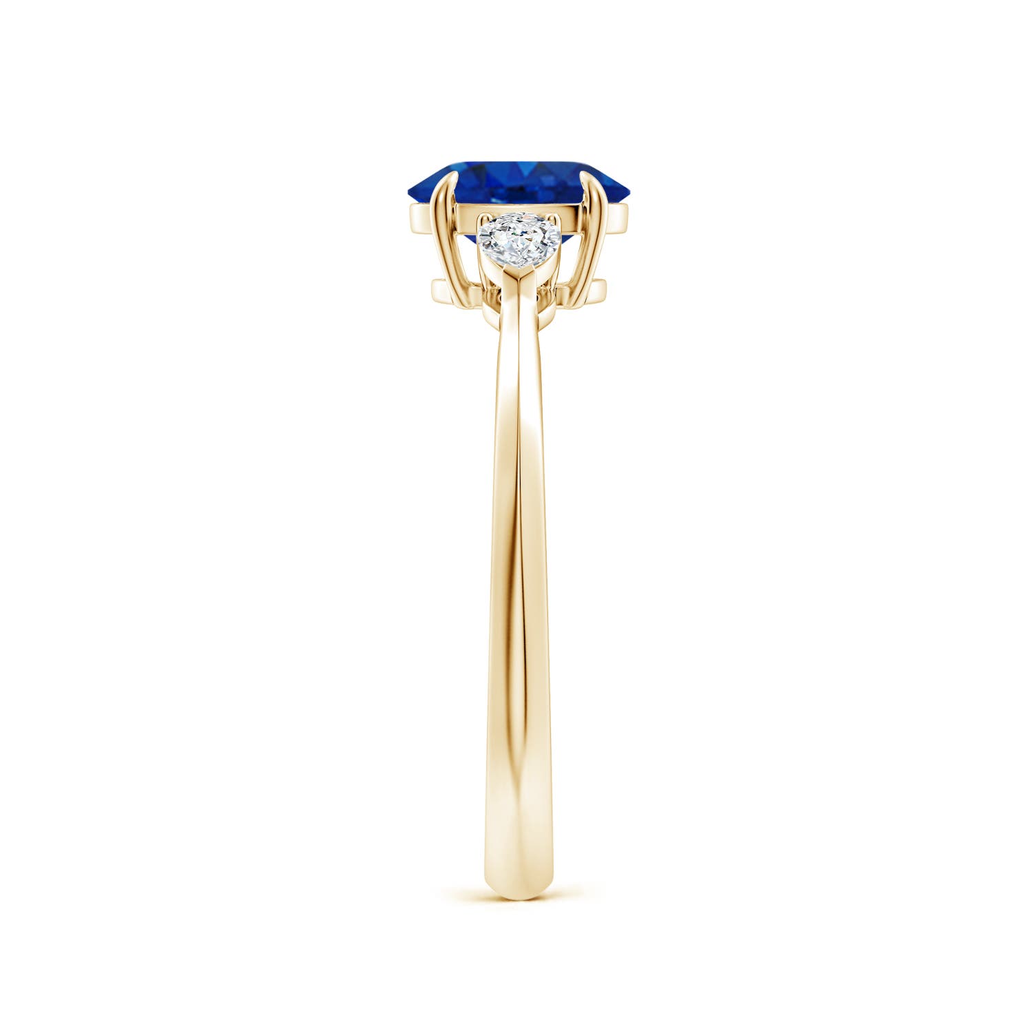 7x5mm AAA Oval Blue Sapphire and Pear Diamond Three Stone Engagement Ring in Yellow Gold - side 3
