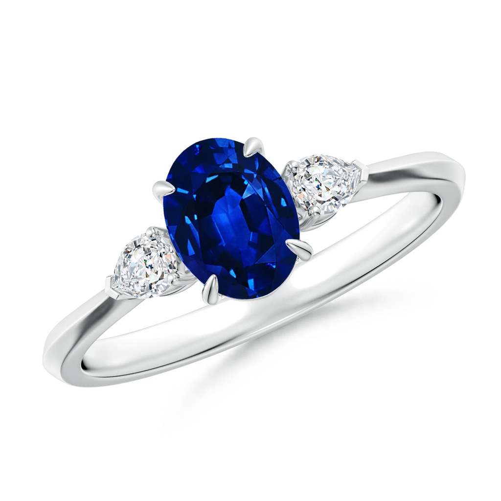 7x5mm AAAA Oval Blue Sapphire and Pear Diamond Three Stone Engagement Ring in White Gold