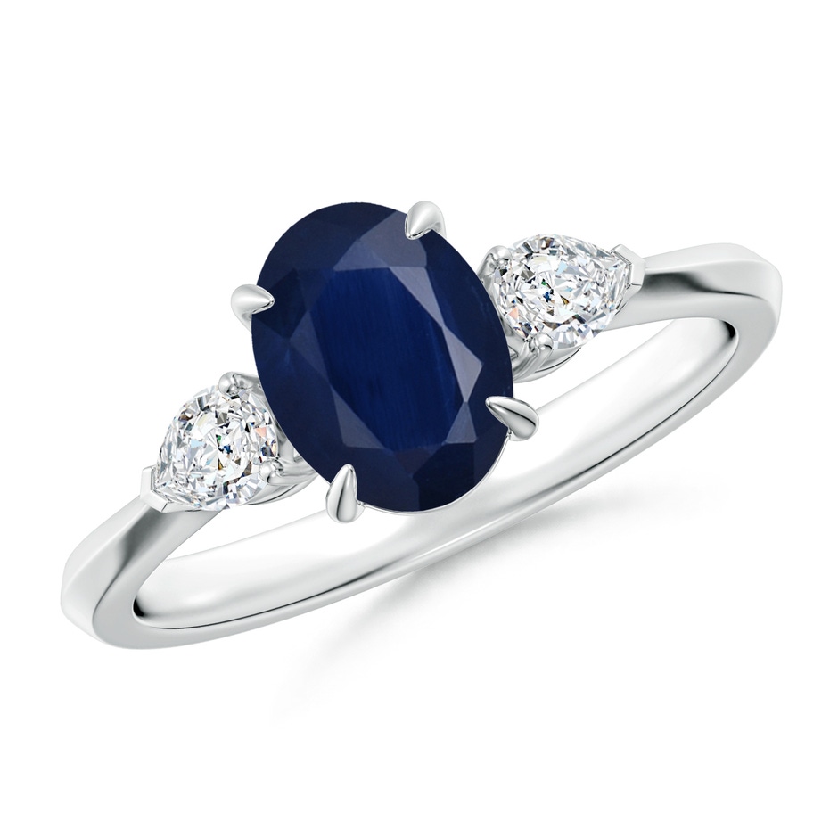 8x6mm A Oval Blue Sapphire and Pear Diamond Three Stone Engagement Ring in White Gold 