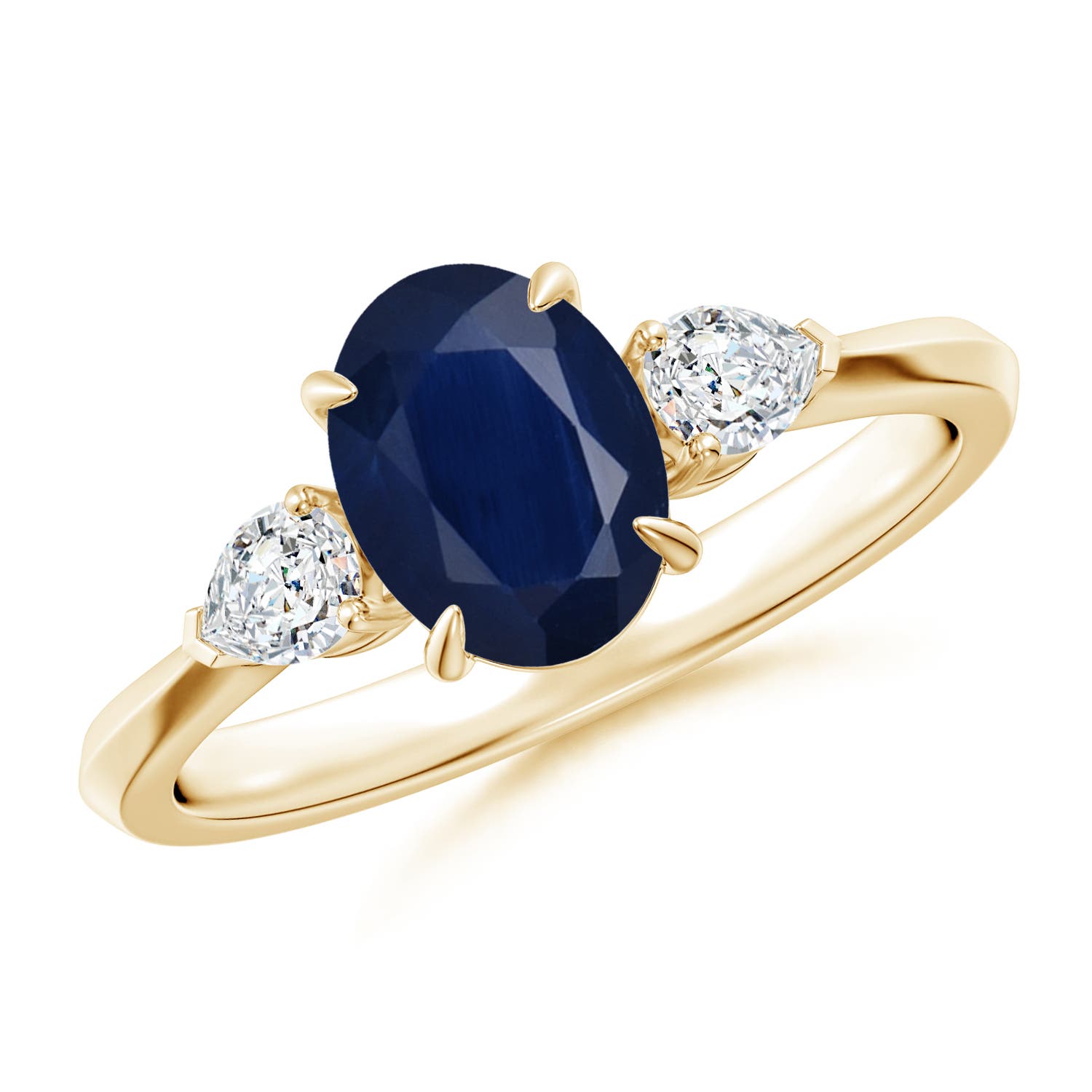 8x6mm A Oval Blue Sapphire and Pear Diamond Three Stone Engagement Ring in Yellow Gold
