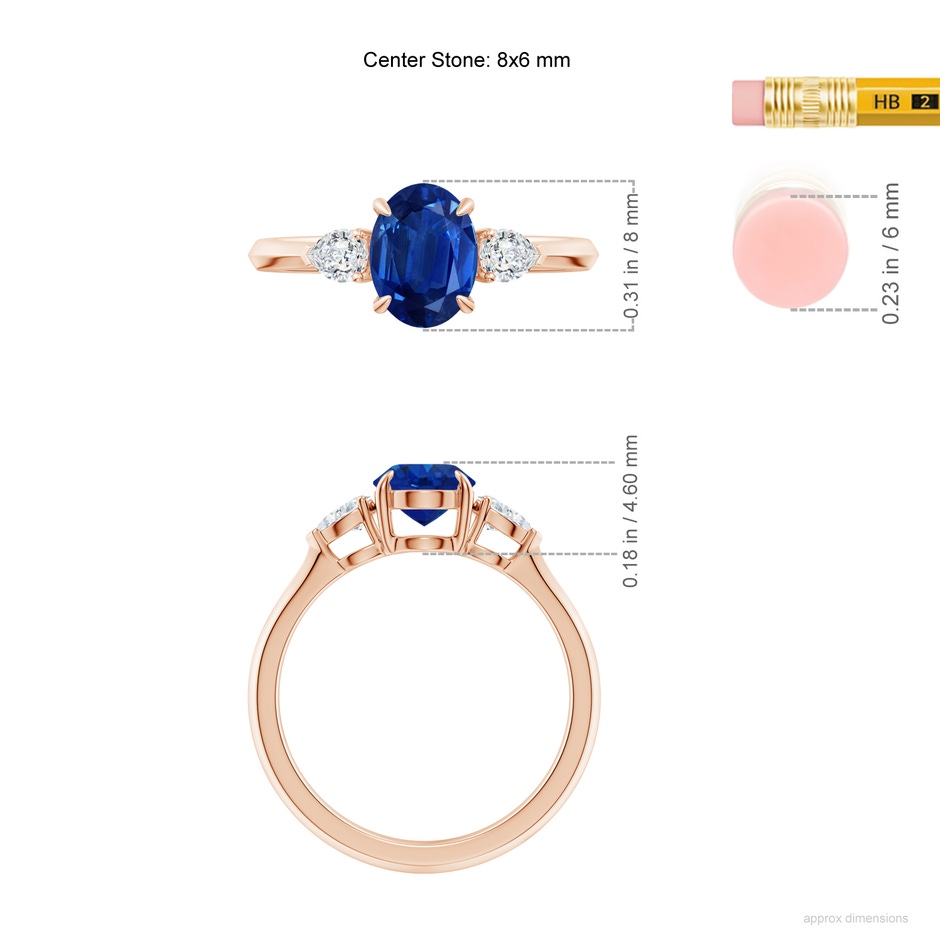8x6mm AAA Oval Blue Sapphire and Pear Diamond Three Stone Engagement Ring in 18K Rose Gold ruler
