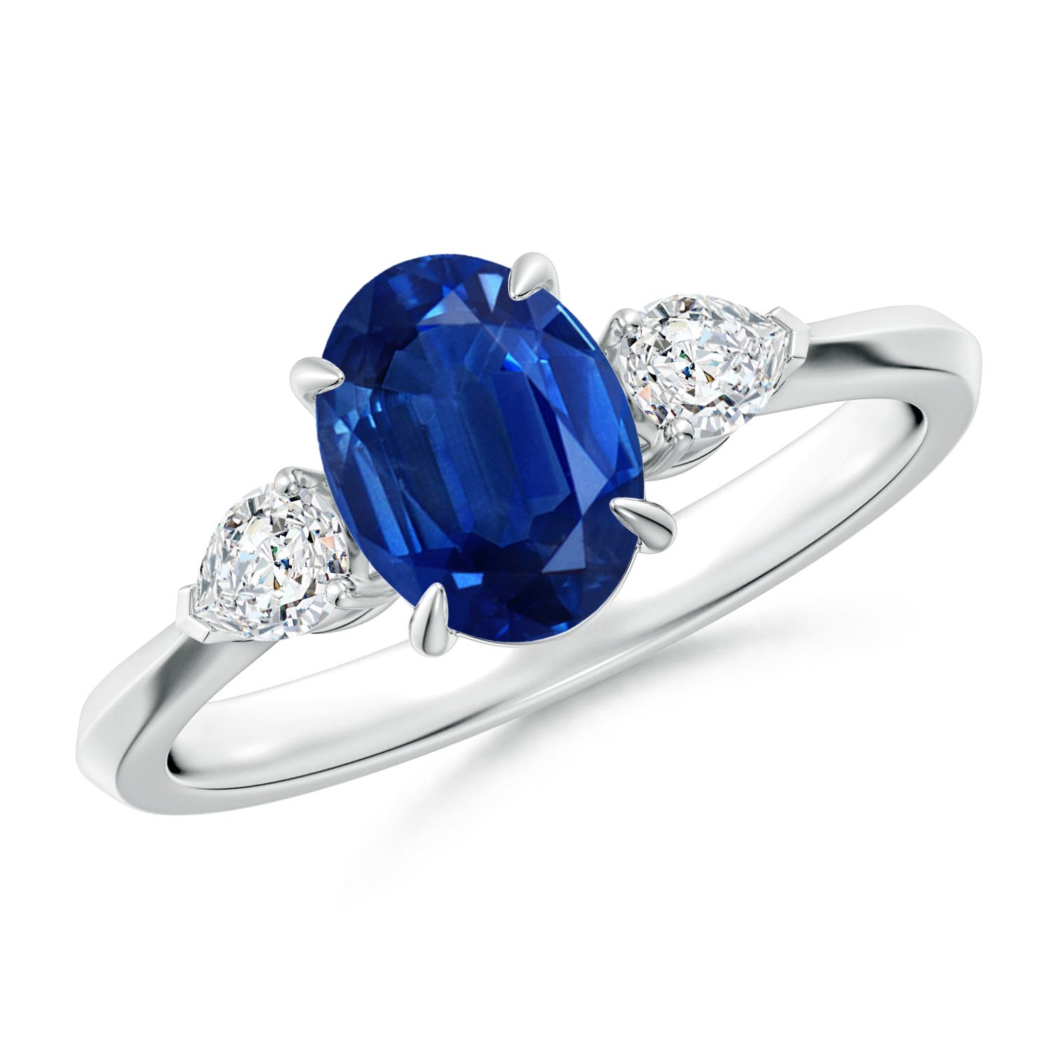8x6mm AAA Oval Blue Sapphire and Pear Diamond Three Stone Engagement Ring in P950 Platinum