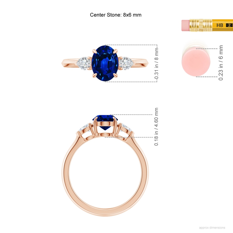 8x6mm AAAA Oval Blue Sapphire and Pear Diamond Three Stone Engagement Ring in Rose Gold ruler