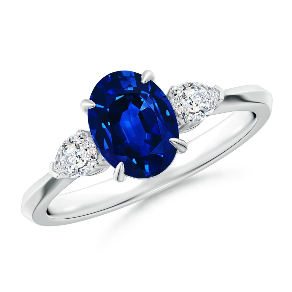 8x6mm AAAA Oval Blue Sapphire and Pear Diamond Three Stone Engagement Ring in White Gold 