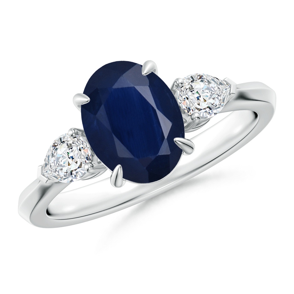 9x7mm A Oval Blue Sapphire and Pear Diamond Three Stone Engagement Ring in 9K White Gold 