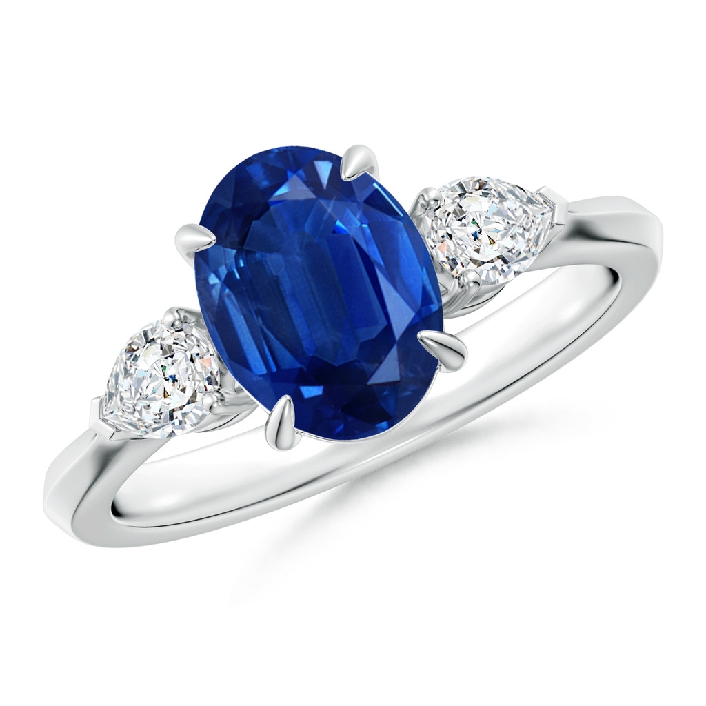 9x7mm AAA Oval Blue Sapphire and Pear Diamond Three Stone Engagement Ring in White Gold
