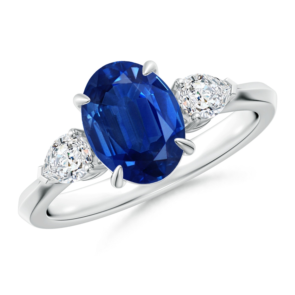 9x7mm AAA Oval Blue Sapphire and Pear Diamond Three Stone Engagement Ring in White Gold
