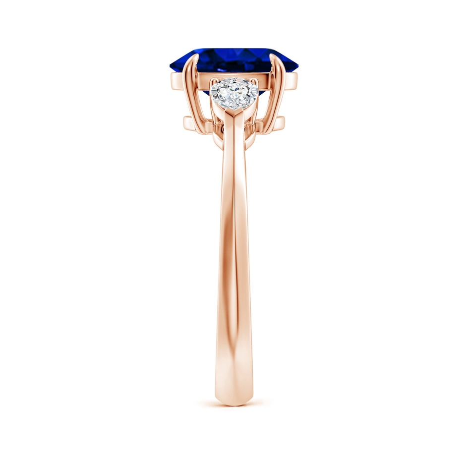9x7mm AAAA Oval Blue Sapphire and Pear Diamond Three Stone Engagement Ring in 18K Rose Gold side 299