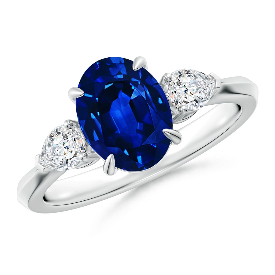 9x7mm AAAA Oval Blue Sapphire and Pear Diamond Three Stone Engagement Ring in P950 Platinum 