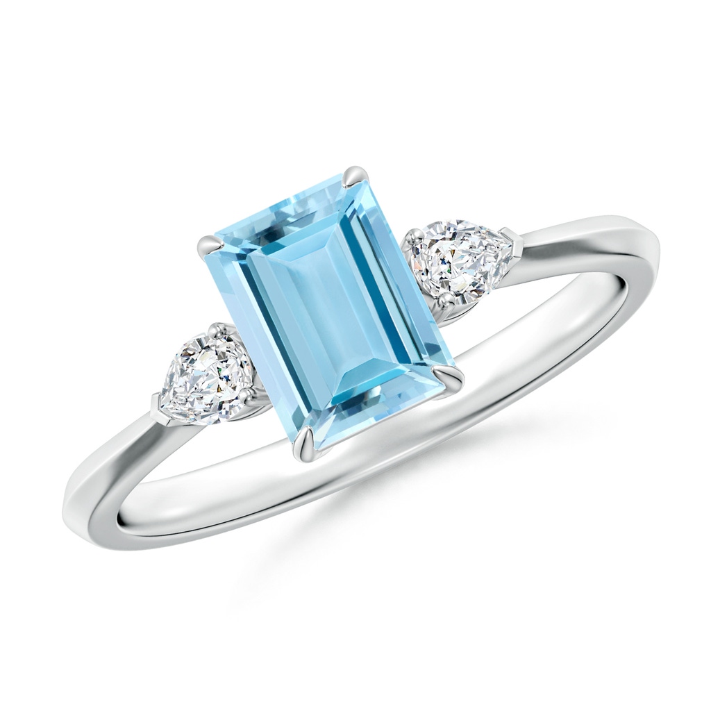 7x5mm AAAA Emerald-Cut Aquamarine and Pear Diamond Three Stone Engagement Ring in S999 Silver