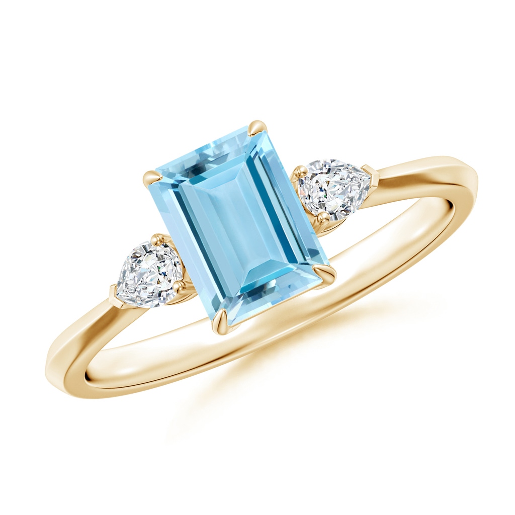 7x5mm AAAA Emerald-Cut Aquamarine and Pear Diamond Three Stone Engagement Ring in Yellow Gold