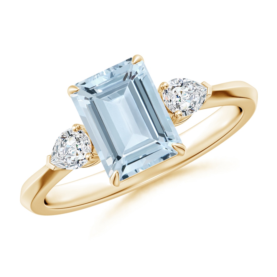 8x6mm A Emerald-Cut Aquamarine and Pear Diamond Three Stone Engagement Ring in 10K Yellow Gold 