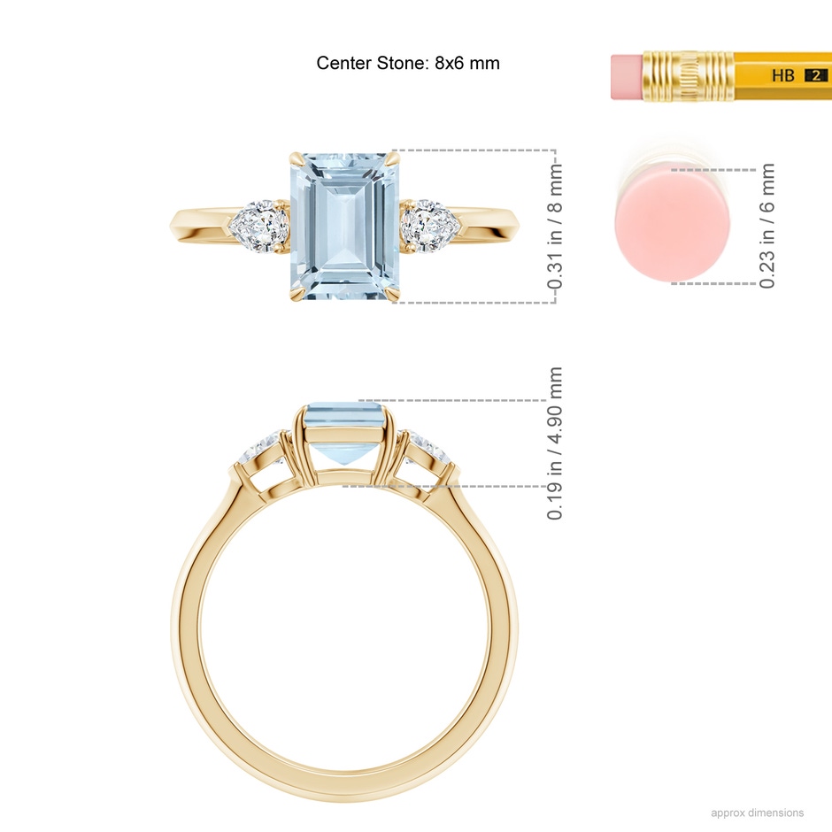 8x6mm A Emerald-Cut Aquamarine and Pear Diamond Three Stone Engagement Ring in 10K Yellow Gold ruler