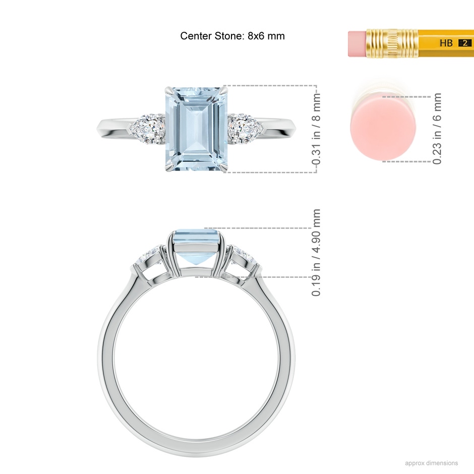 8x6mm A Emerald-Cut Aquamarine and Pear Diamond Three Stone Engagement Ring in S999 Silver ruler