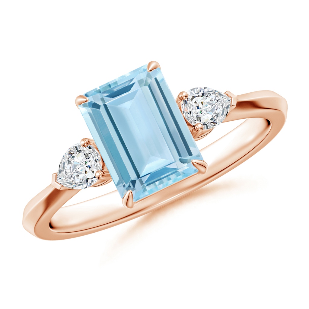 8x6mm AAA Emerald-Cut Aquamarine and Pear Diamond Three Stone Engagement Ring in Rose Gold