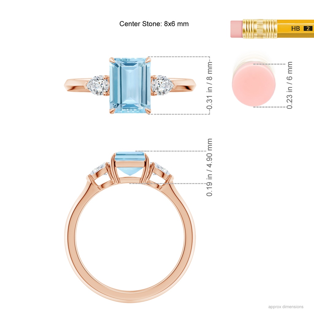 8x6mm AAA Emerald-Cut Aquamarine and Pear Diamond Three Stone Engagement Ring in Rose Gold ruler