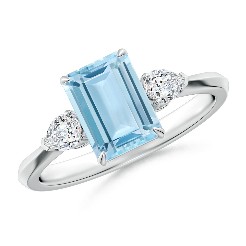 8x6mm AAA Emerald-Cut Aquamarine and Pear Diamond Three Stone Engagement Ring in White Gold