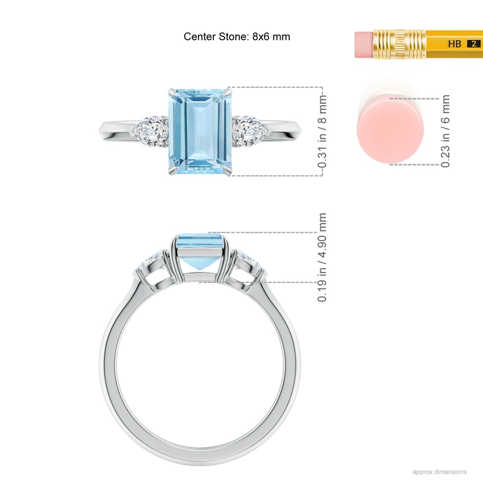 8x6mm AAA Emerald-Cut Aquamarine and Pear Diamond Three Stone Engagement Ring in White Gold ruler