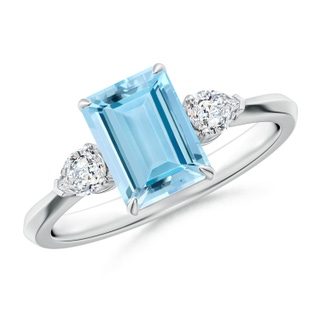 8x6mm AAAA Emerald-Cut Aquamarine and Pear Diamond Three Stone Engagement Ring in P950 Platinum