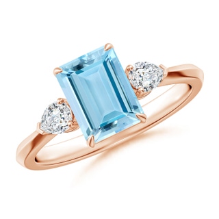 8x6mm AAAA Emerald-Cut Aquamarine and Pear Diamond Three Stone Engagement Ring in Rose Gold