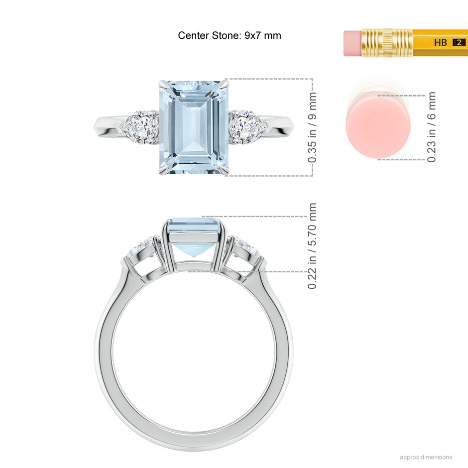 9x7mm A Emerald-Cut Aquamarine and Pear Diamond Three Stone Engagement Ring in P950 Platinum ruler