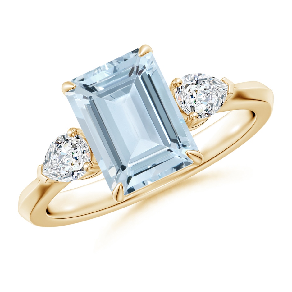 9x7mm A Emerald-Cut Aquamarine and Pear Diamond Three Stone Engagement Ring in Yellow Gold 
