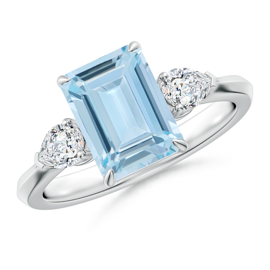 9x7mm AA Emerald-Cut Aquamarine and Pear Diamond Three Stone Engagement Ring in White Gold 