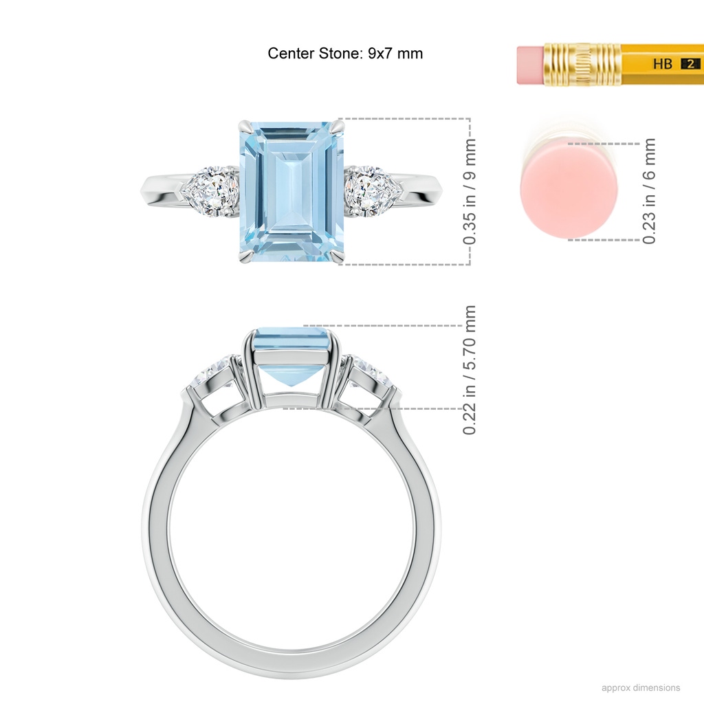 9x7mm AA Emerald-Cut Aquamarine and Pear Diamond Three Stone Engagement Ring in White Gold ruler