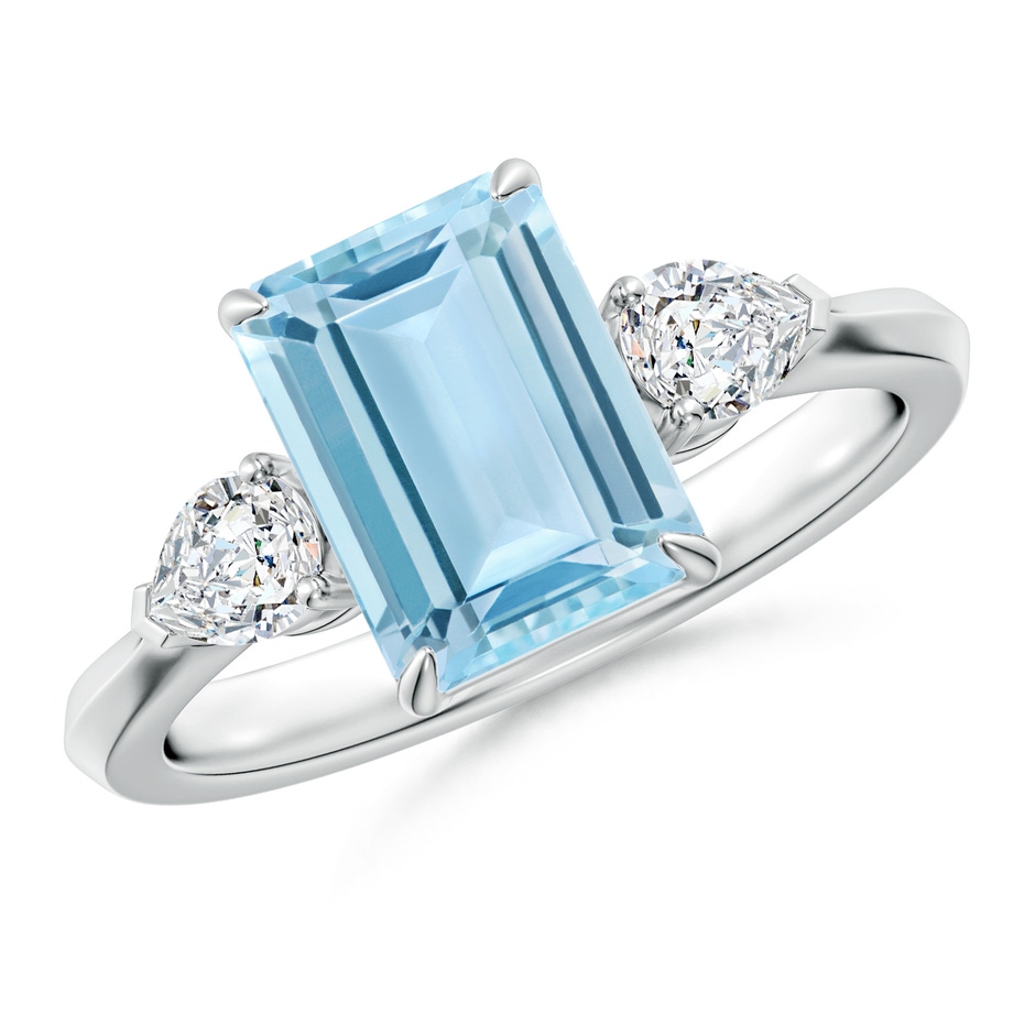 9x7mm AAA Emerald-Cut Aquamarine and Pear Diamond Three Stone Engagement Ring in White Gold 