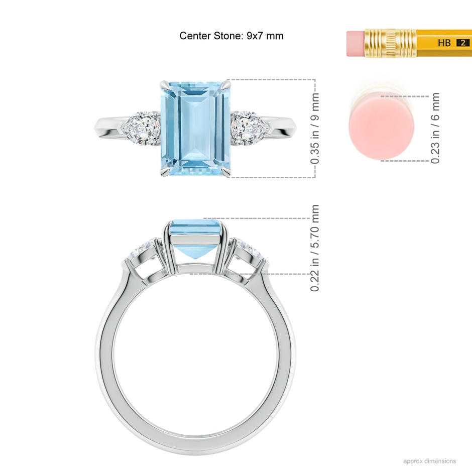 9x7mm AAA Emerald-Cut Aquamarine and Pear Diamond Three Stone Engagement Ring in White Gold ruler