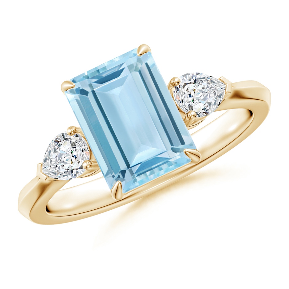 9x7mm AAA Emerald-Cut Aquamarine and Pear Diamond Three Stone Engagement Ring in Yellow Gold 