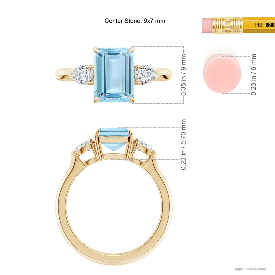 9x7mm AAA Emerald-Cut Aquamarine and Pear Diamond Three Stone Engagement Ring in Yellow Gold ruler