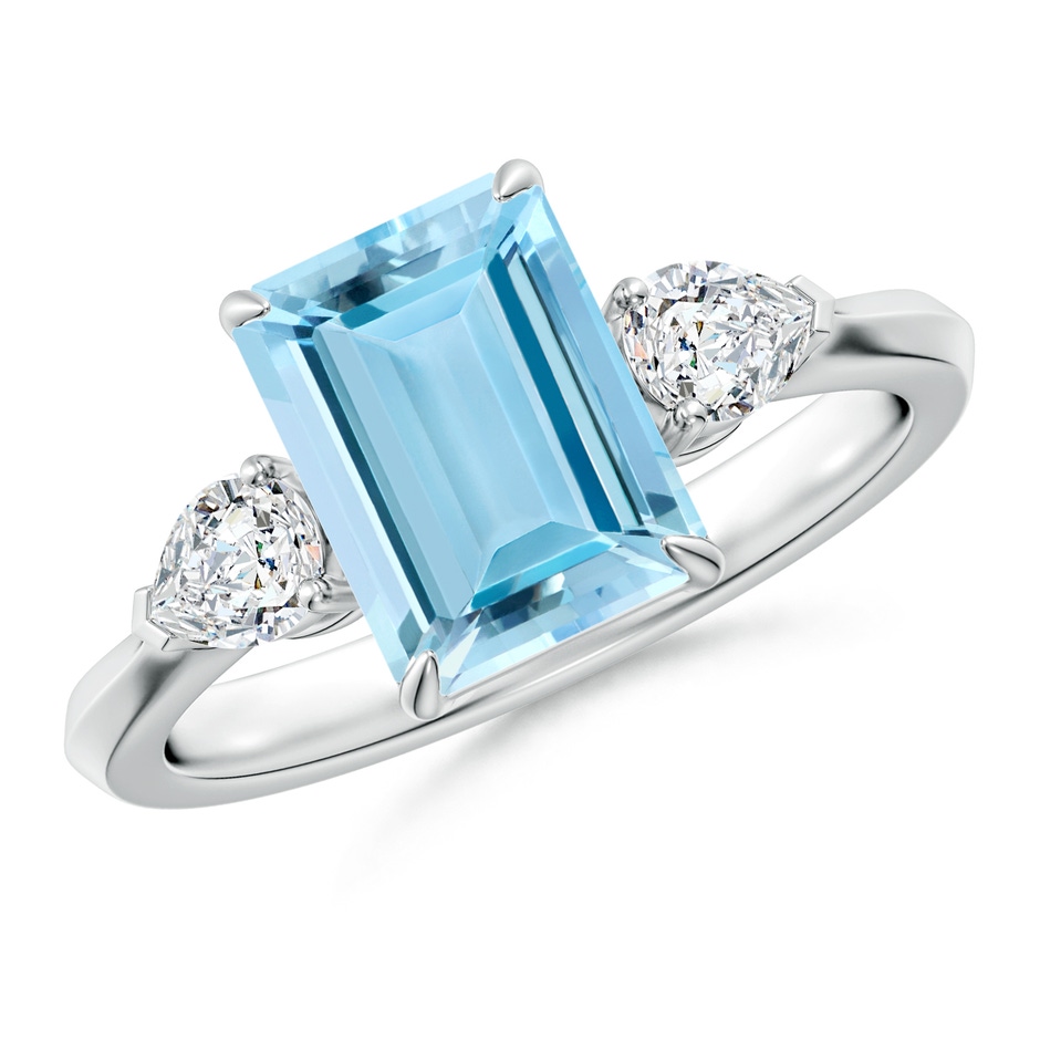 9x7mm AAAA Emerald-Cut Aquamarine and Pear Diamond Three Stone Engagement Ring in P950 Platinum 