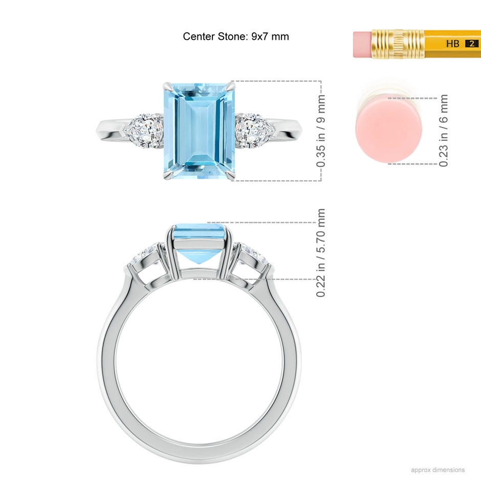 9x7mm AAAA Emerald-Cut Aquamarine and Pear Diamond Three Stone Engagement Ring in P950 Platinum ruler