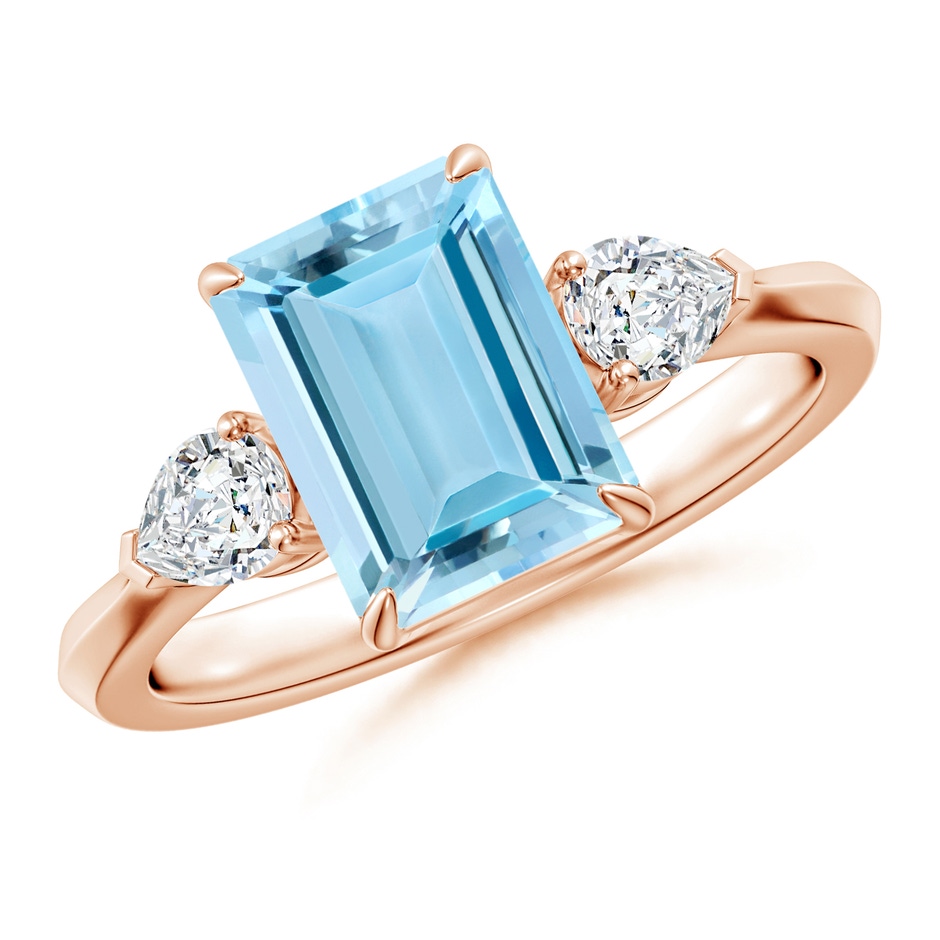 9x7mm AAAA Emerald-Cut Aquamarine and Pear Diamond Three Stone Engagement Ring in Rose Gold 
