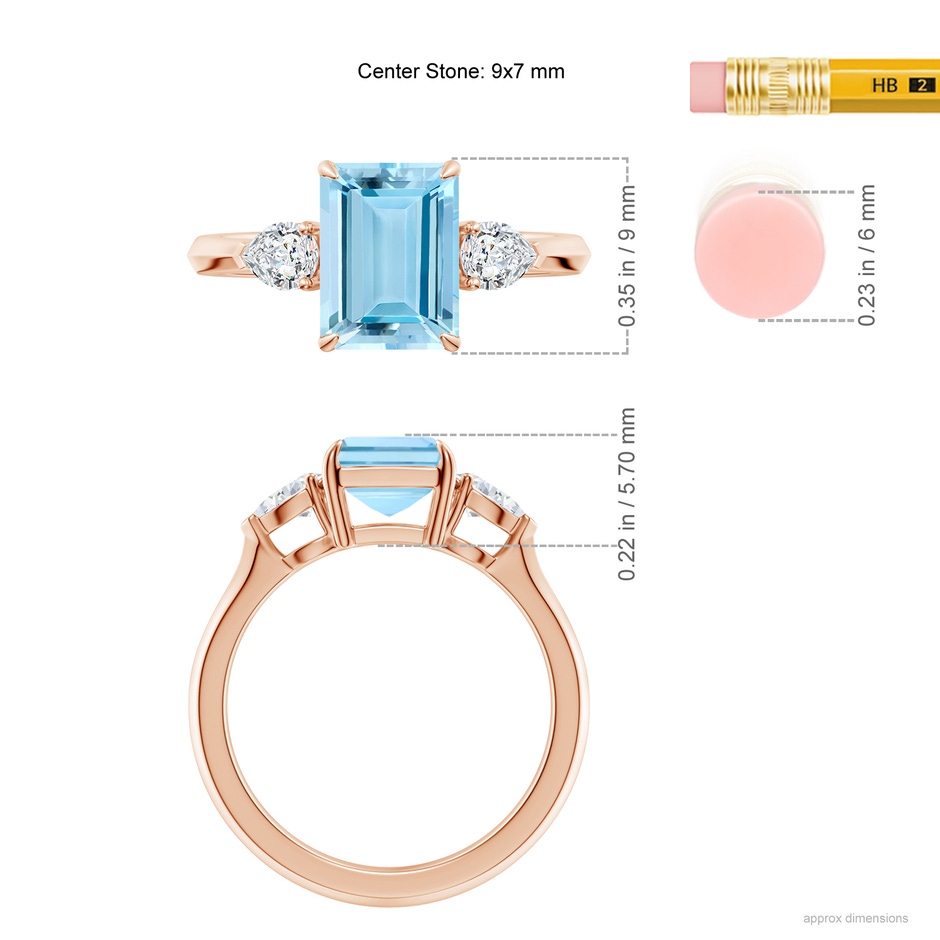 9x7mm AAAA Emerald-Cut Aquamarine and Pear Diamond Three Stone Engagement Ring in Rose Gold ruler