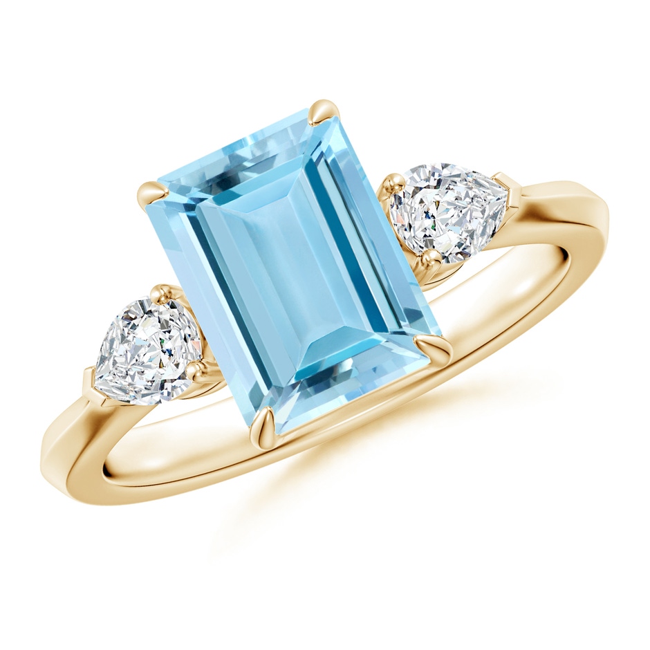 9x7mm AAAA Emerald-Cut Aquamarine and Pear Diamond Three Stone Engagement Ring in Yellow Gold 
